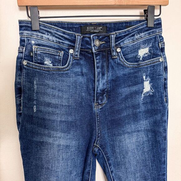Judy Blue High Waisted Dark Wash Skinny Fit Denim Distressed Jeans - Picture 3 of 5